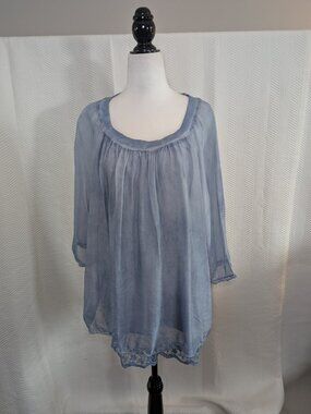 Giusy Silk‑Blend Periwinkle Blue Blouse Made in Italy Size Medium Boho Romantic